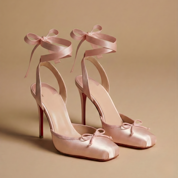Women's Stiletto Heels - Square Toe Bow Detail Ankle Tie Wrap