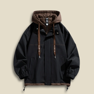 Men’s Oversized Hooded Jacket – Layered Zip Front Coat with Drawstring Hem and Front Pockets