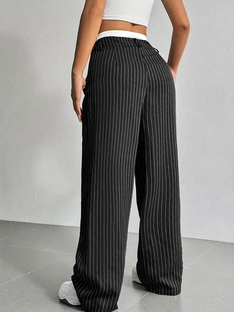 Women's Wide Leg Pinstripe Pants - High Waist - Contrast Waistband