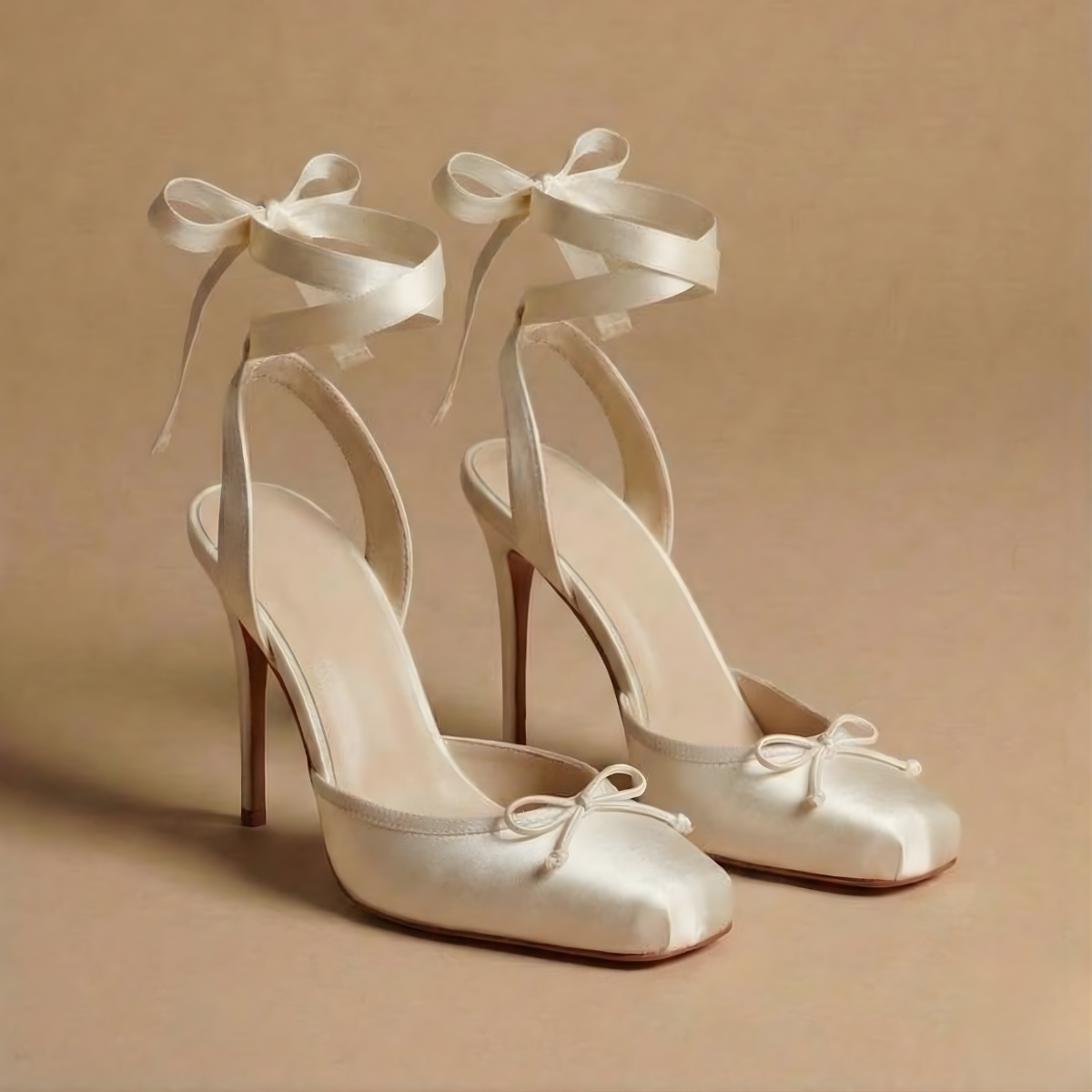 Women's Stiletto Heels - Square Toe Bow Detail Ankle Tie Wrap