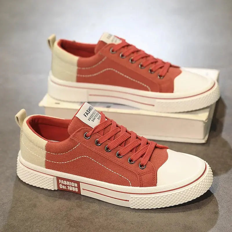 Men's Casual Sneakers - Low Top Lace Up Canvas Shoes with Contrast Toe Cap and Flat Sole