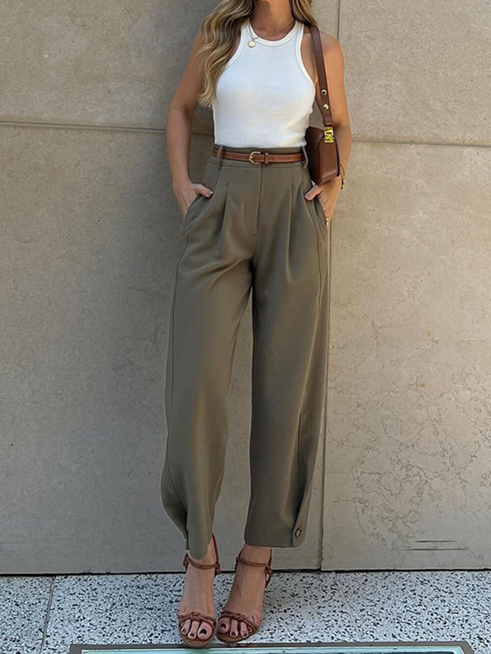 Women's High Waist Pants - Pleated Front Tapered Leg Button Hem