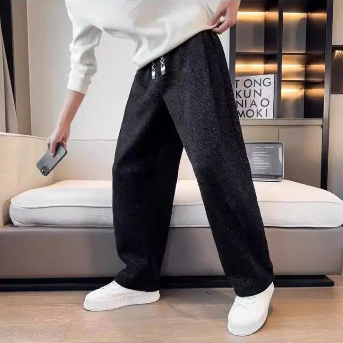 Men's Wide Leg Pants - Elasticated Waist Drawcord Twill