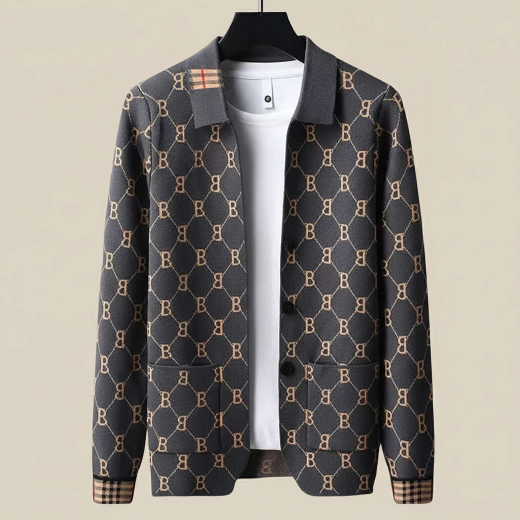 Men's Knit Cardigan - Button-Up Shirt Collar with All-Over Print - Contrast Check Cuffs and Patch Pockets