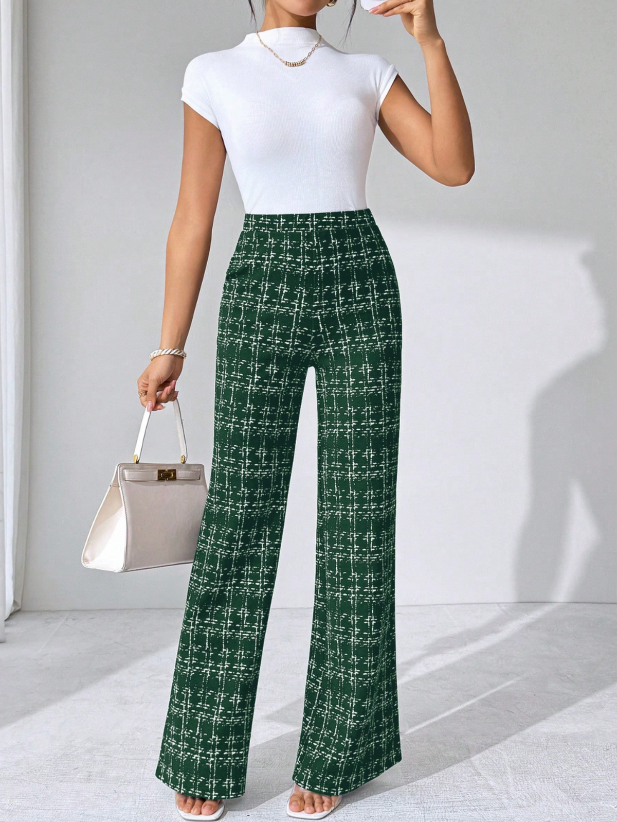 Women's Plaid Wide Leg Pants - High Waist Full Length Pull On