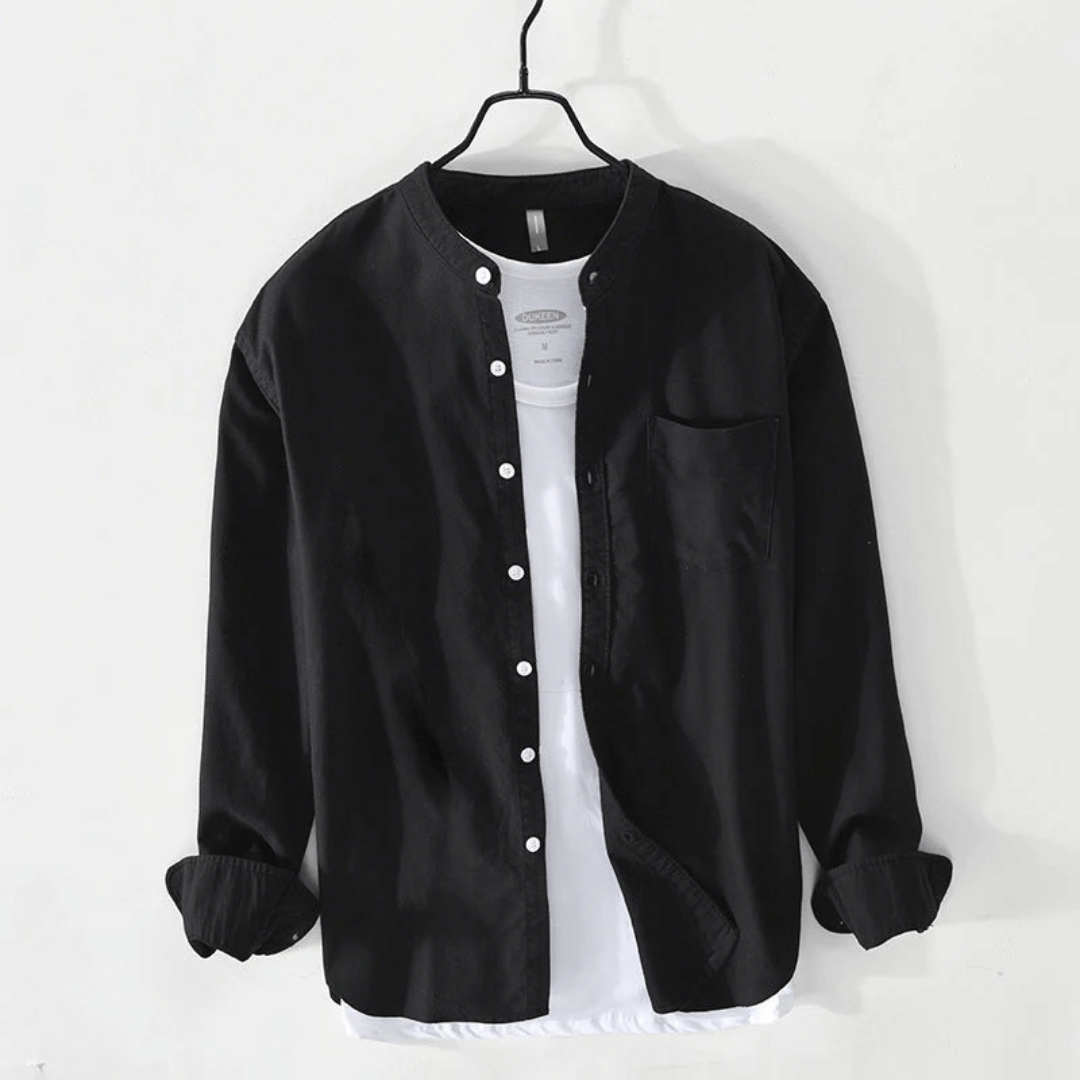 Men's Band Collar Shirt - Long Sleeve - Button Front