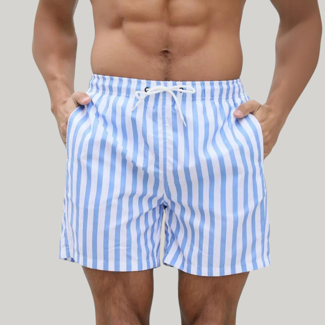 Men's Striped Swim Shorts - Drawstring Waist - Mesh Lined