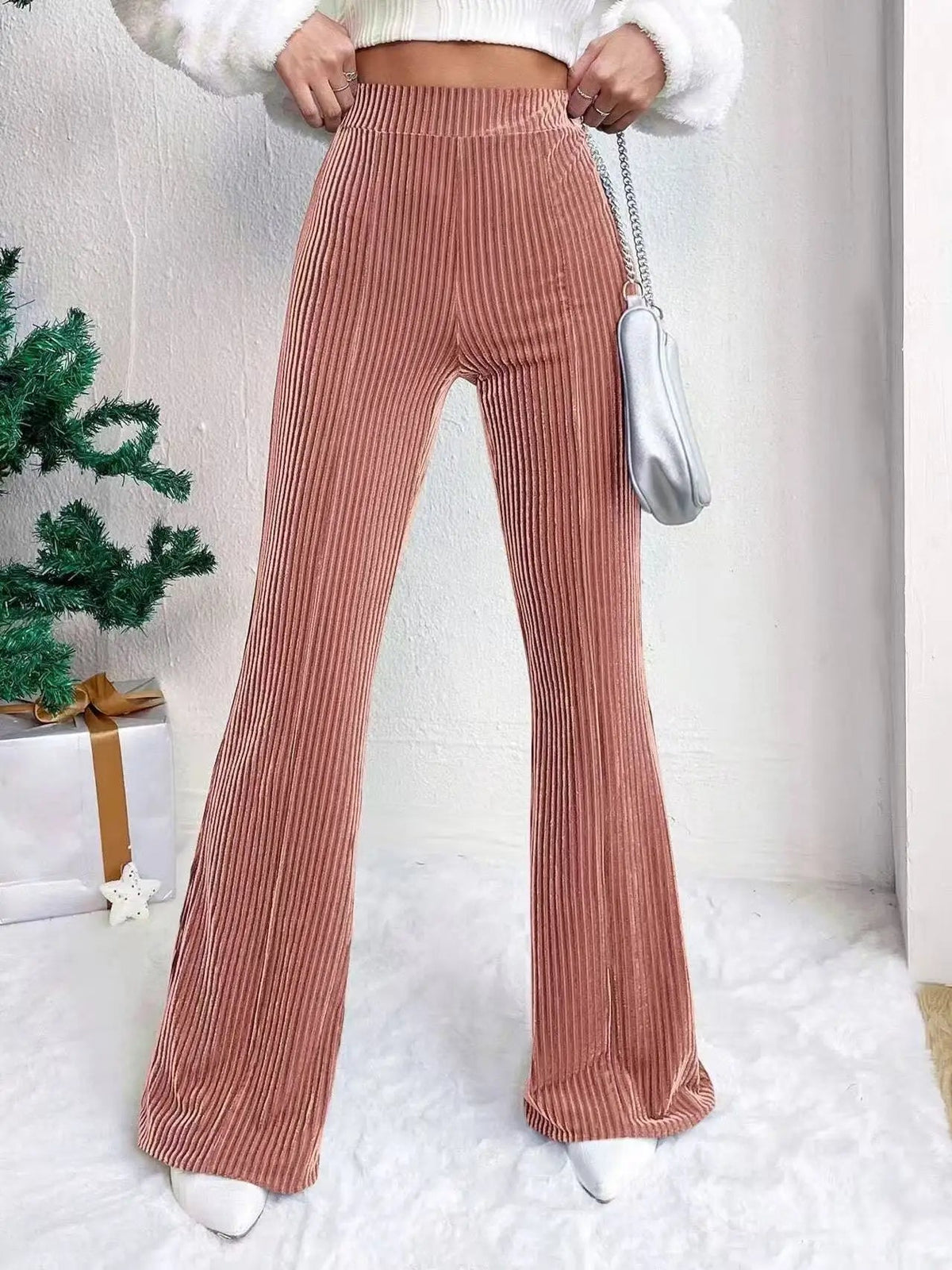 Women's Wide Leg Pants - High Waist Elasticated Ribbed Flare with Plain Hem