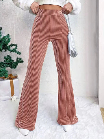 Women's Wide Leg Pants - High Waist Elasticated Ribbed Flare with Plain Hem