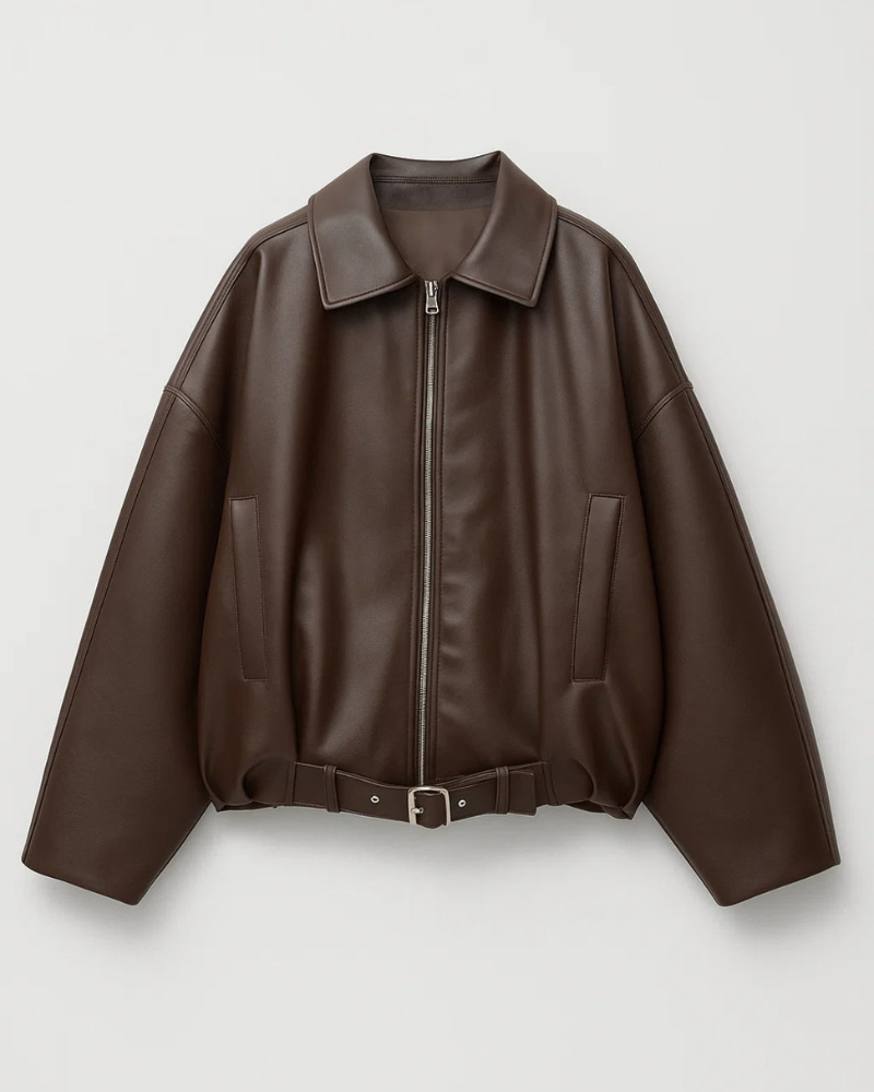 Women's Oversized Jacket - Zip-Up with Point Collar and Integrated Belted Waist