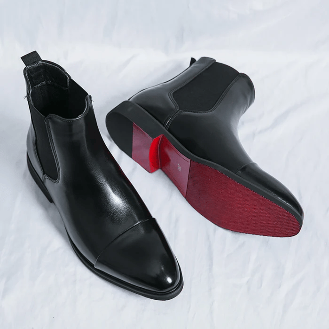 Men's Chelsea Boots - Slip-On Cap Toe with Elastic Side Panel - Low Heel and Contrast Sole