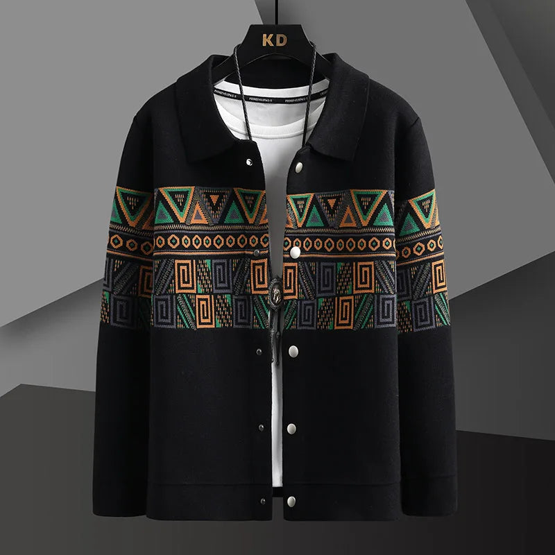 Men's Cardigan Jacket - Geometric Print - Snap Button