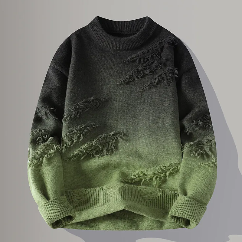Men's Knit Jumper - Crew Neck Gradient Distressed Detail