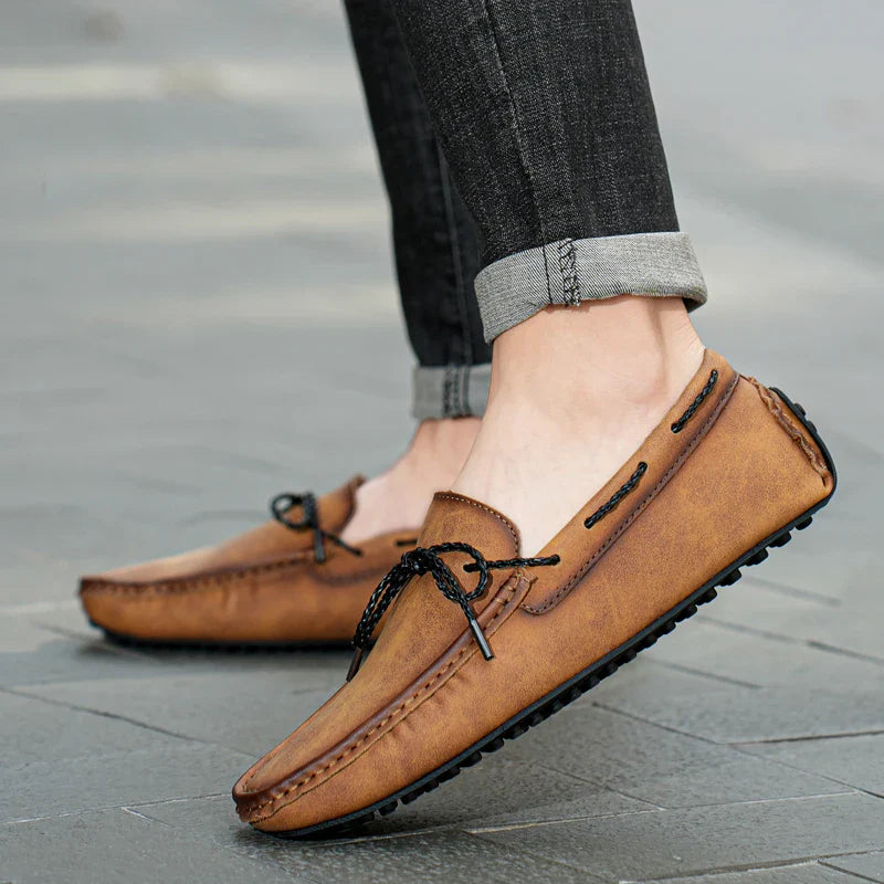 Men's Loafers - Slip On Moccasin with Braided Tie Detail and Rubber Sole
