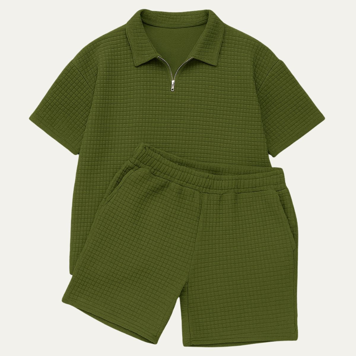 Men's Waffle Knit Half-Zip Polo Short Set - Two Piece