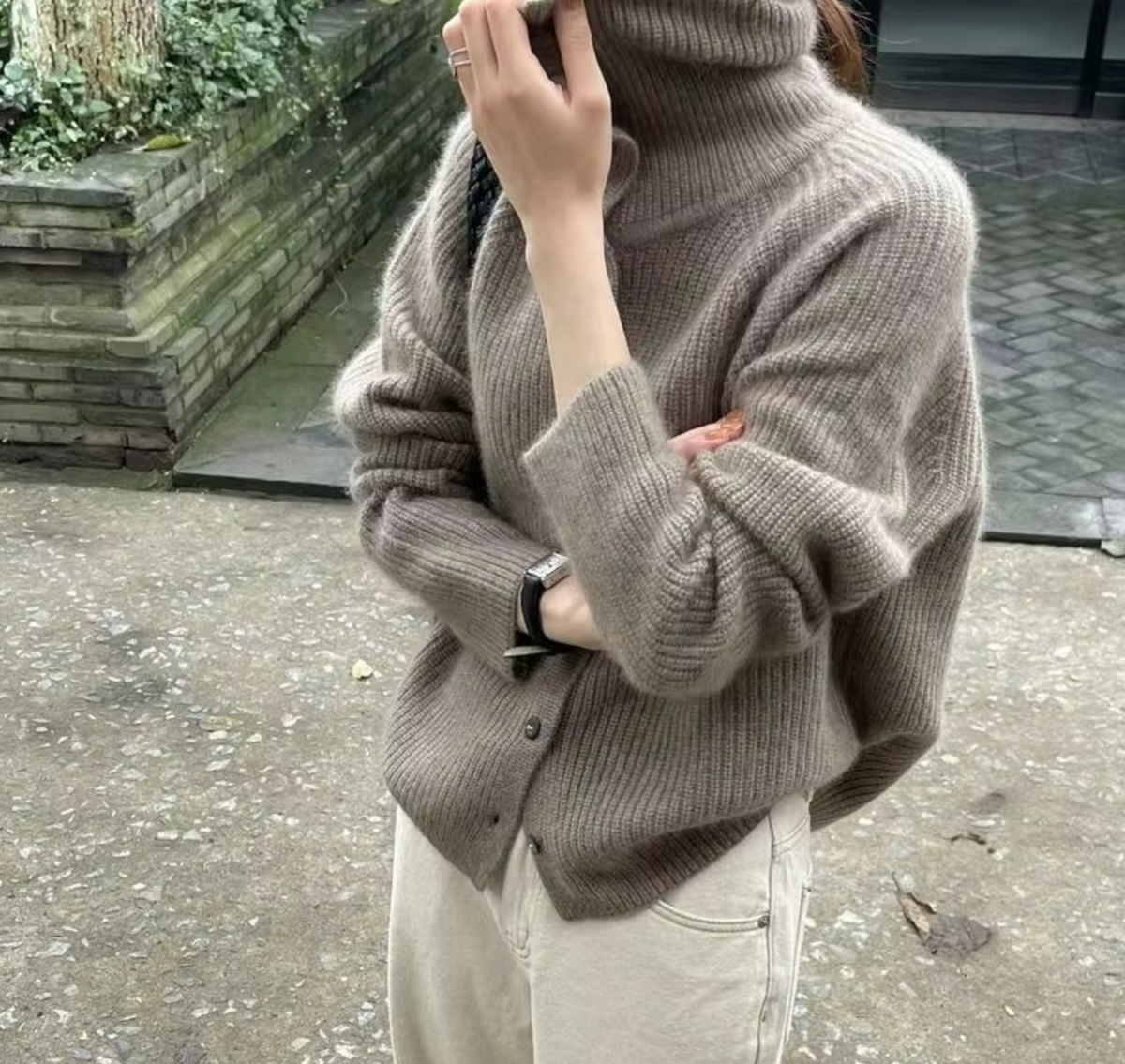 Women's Knit Sweater - Oversized Turtleneck with Button Front and Ribbed Texture