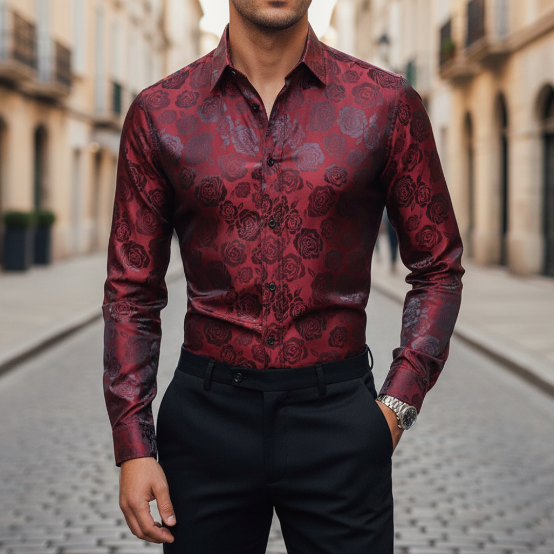 Men's Long Sleeve Button Up Shirt - Rose Jacquard Print - Slim Fit
