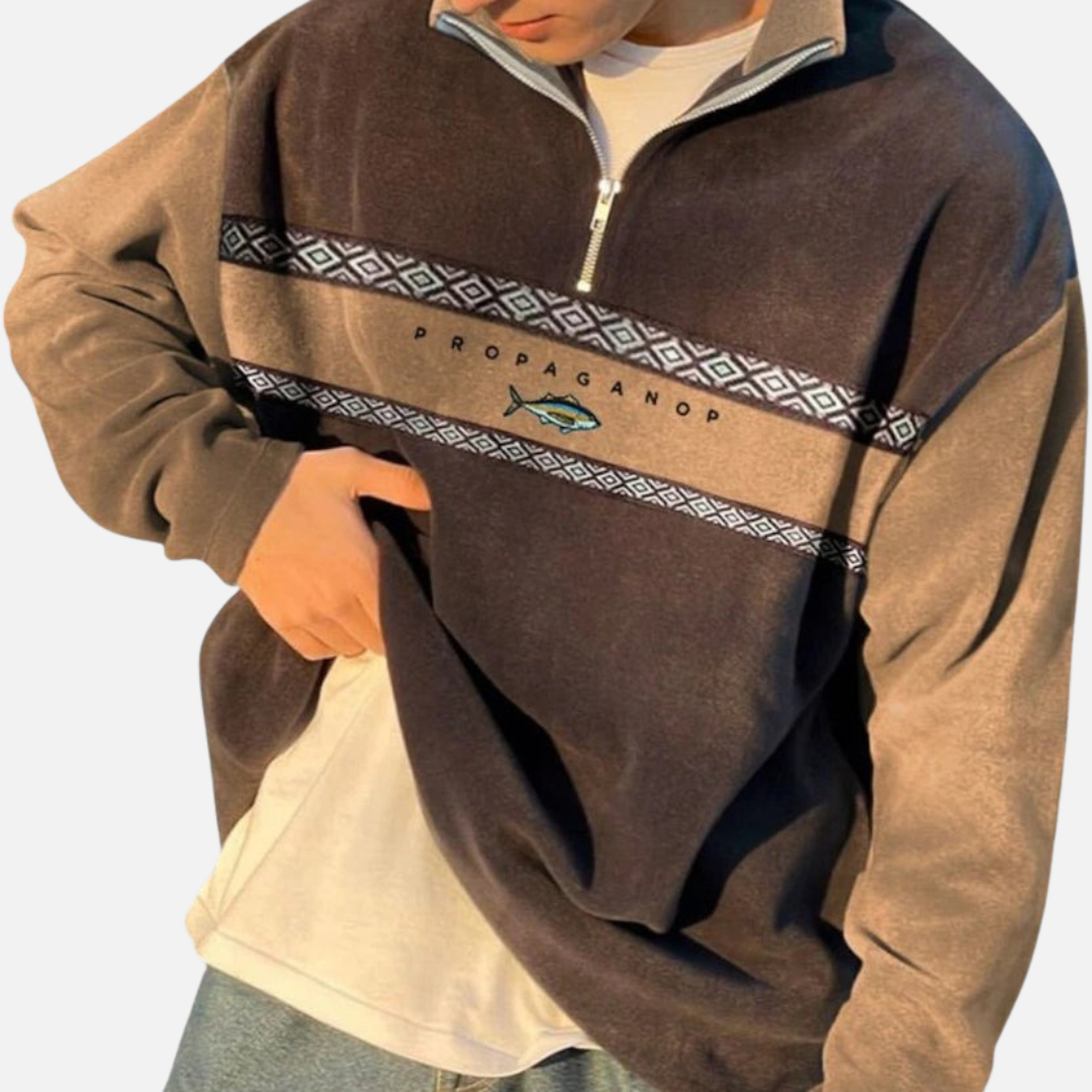Men's Fleece Quarter Zip Jumper - Contrast Panel - Graphic Stripe