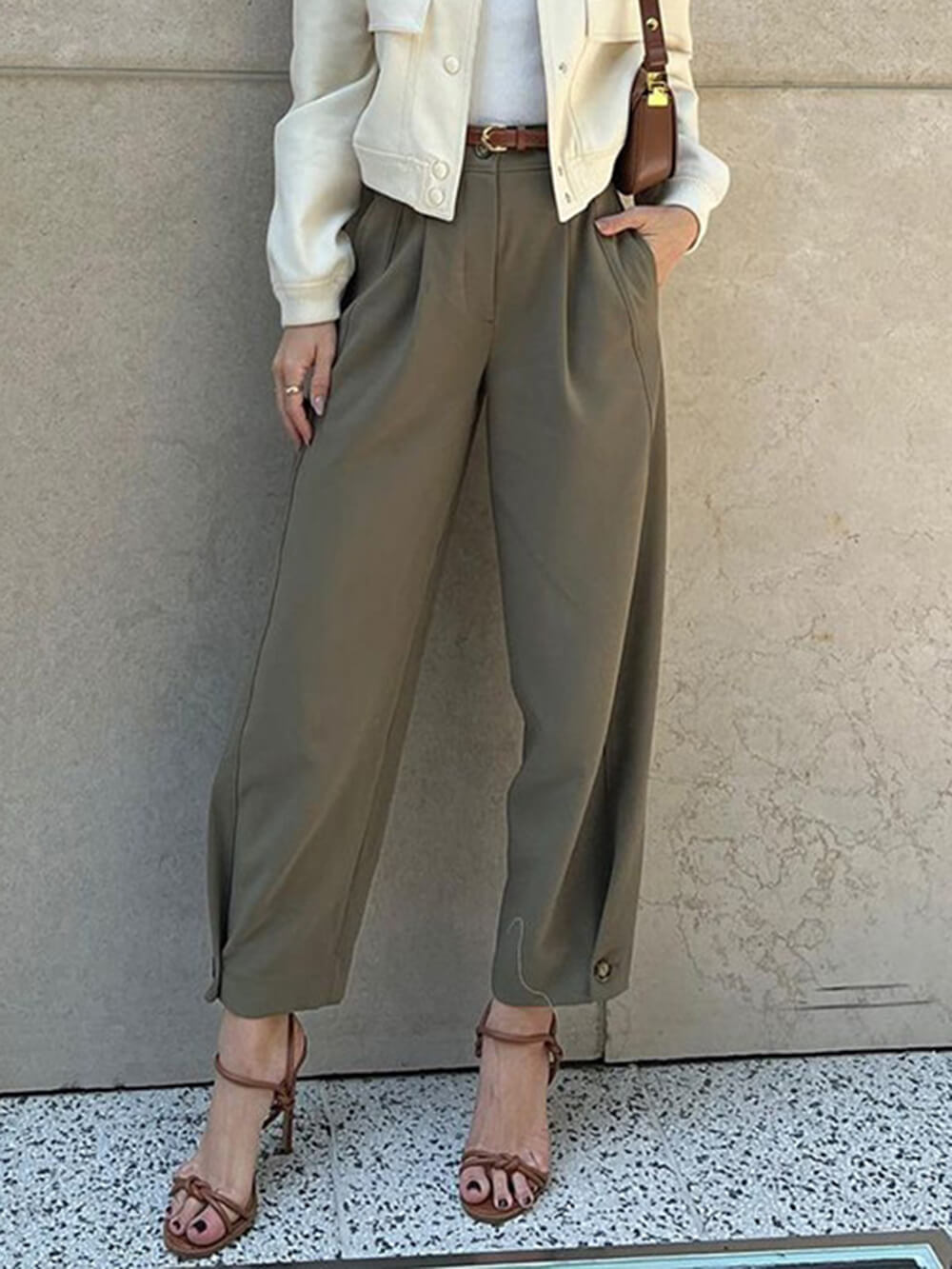 Women's High Waist Pants - Pleated Front Tapered Leg Button Hem