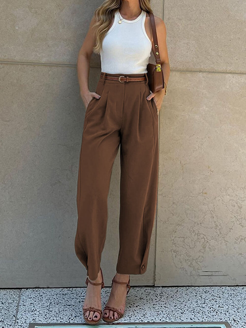 Women's High Waist Pants - Pleated Front Tapered Leg Button Hem