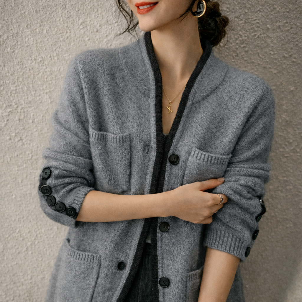 Women’s Button Front Cardigan – Long Sleeve Knit Sweater Coat with Contrast Trim and Patch Pockets