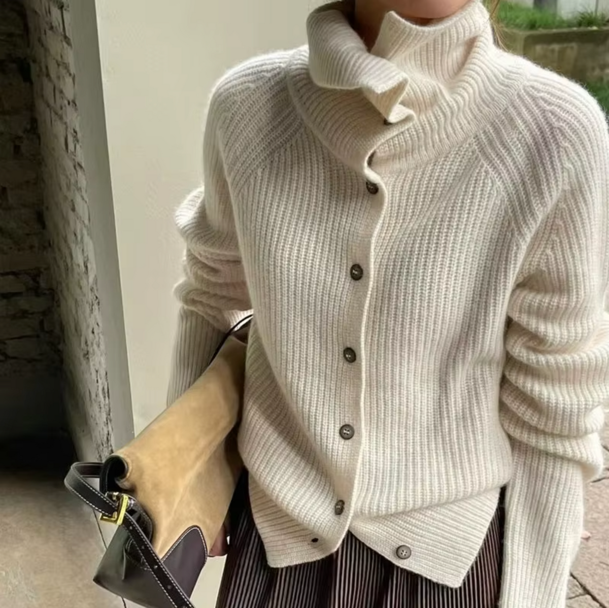 Women's Knit Sweater - Oversized Turtleneck with Button Front and Ribbed Texture