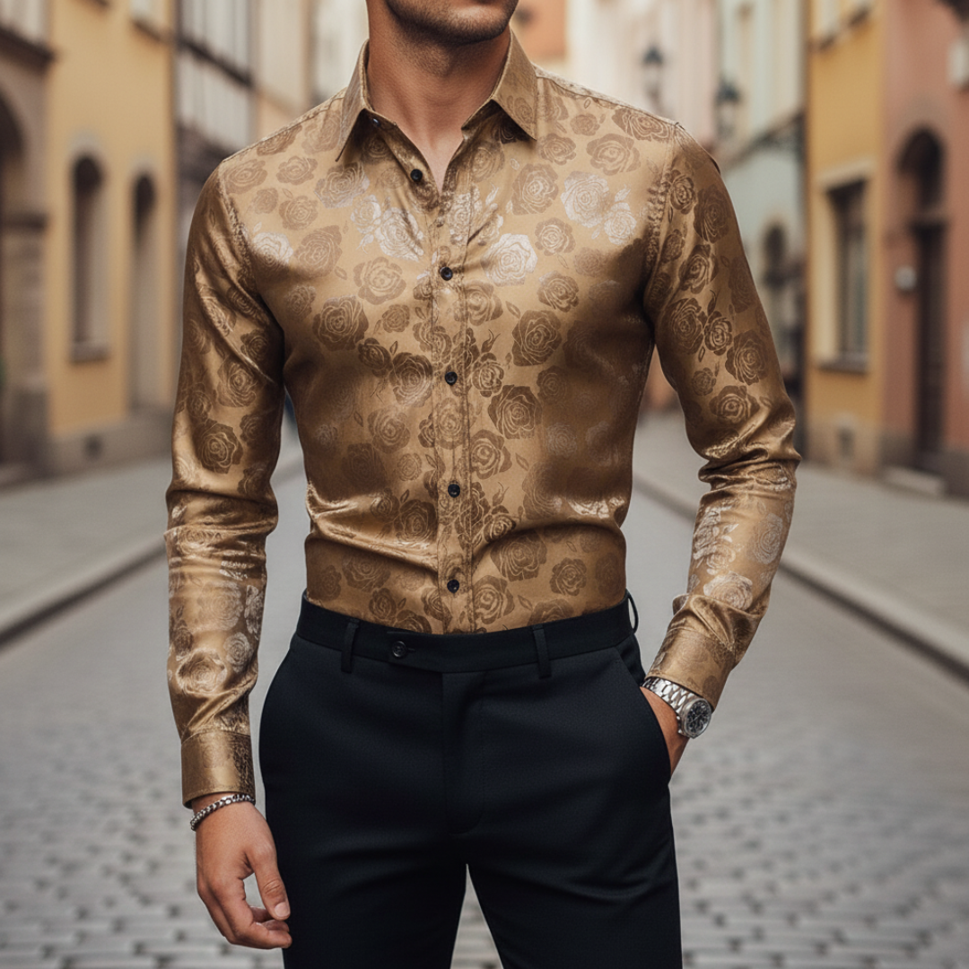 Men's Long Sleeve Button Up Shirt - Rose Jacquard Print - Slim Fit