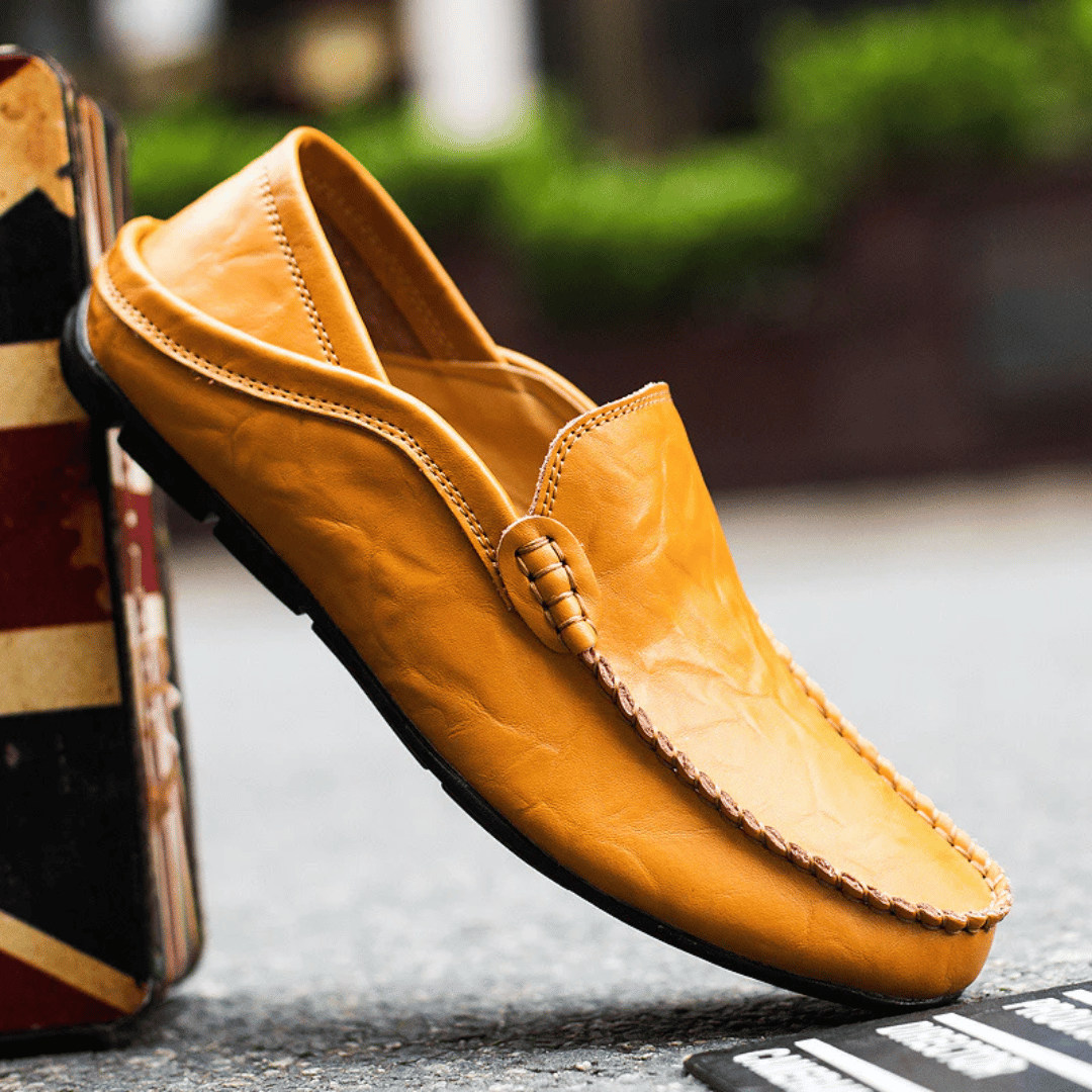 Men's Leather Penny Loafers - Slip On - Decorative Stitching