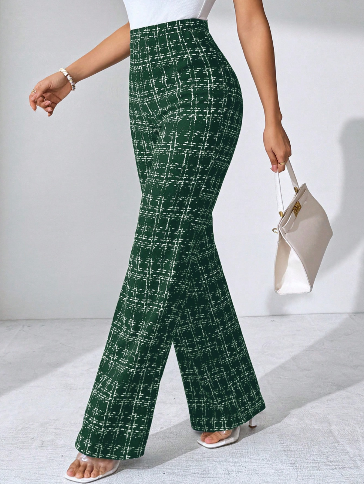 Women's Plaid Wide Leg Pants - High Waist Full Length Pull On