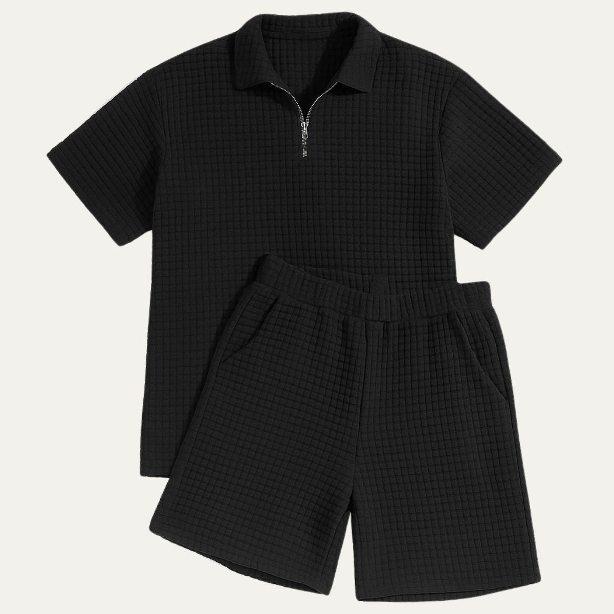 Men's Waffle Knit Half-Zip Polo Short Set - Two Piece