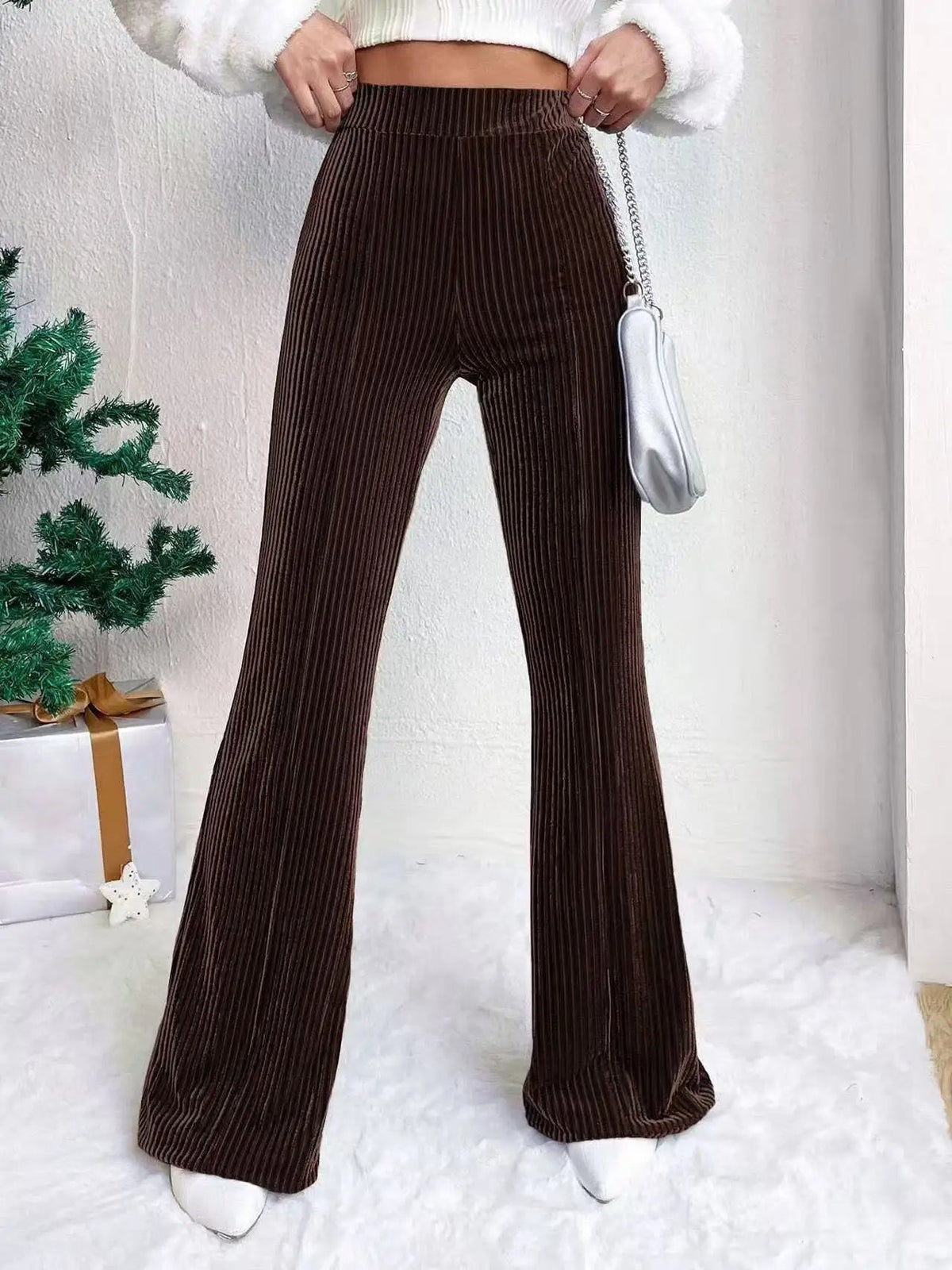 Women's Wide Leg Pants - High Waist Elasticated Ribbed Flare with Plain Hem