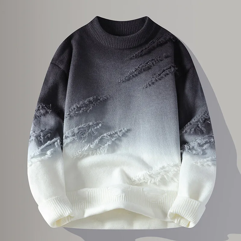 Men's Knit Jumper - Crew Neck Gradient Distressed Detail