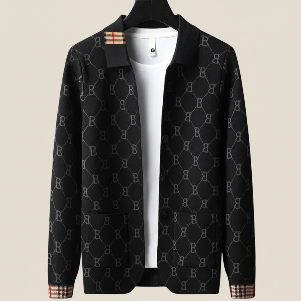 Men's Knit Cardigan - Button-Up Shirt Collar with All-Over Print - Contrast Check Cuffs and Patch Pockets
