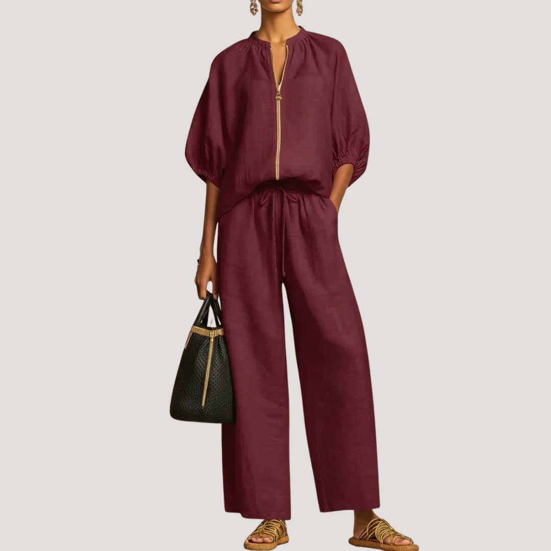 Women's Linen Puff Sleeve Zip Top Wide Leg Pants Set