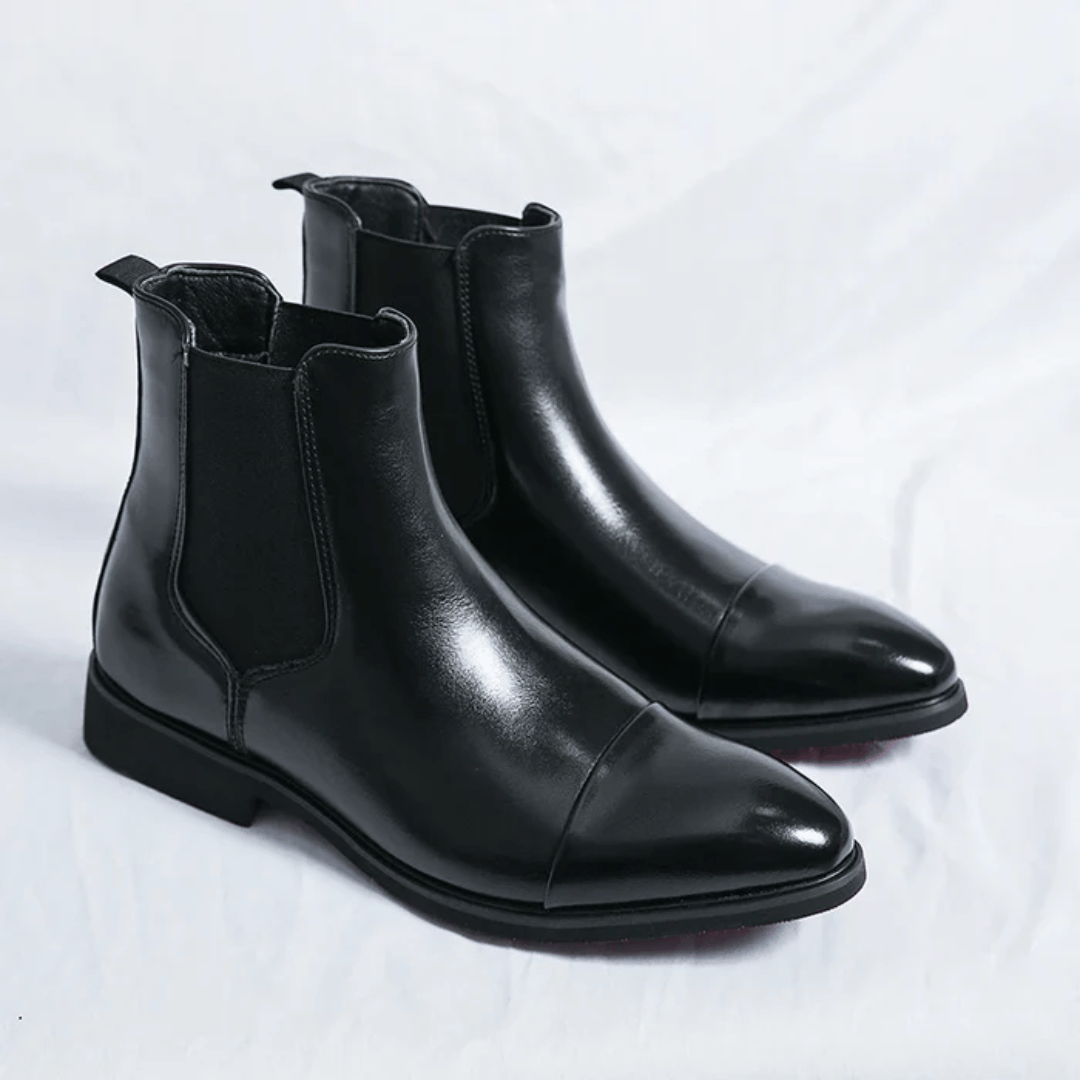 Men's Chelsea Boots - Slip-On Cap Toe with Elastic Side Panel - Low Heel and Contrast Sole