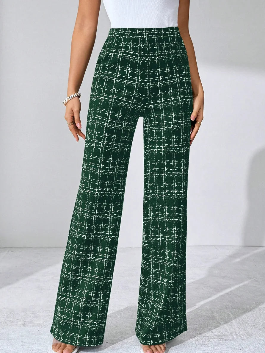 Women's Plaid Wide Leg Pants - High Waist Full Length Pull On