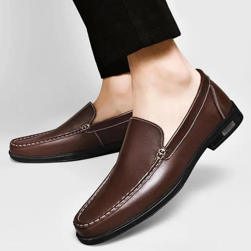 Men's Soft Cowhide Leather Slip-On Loafers with Topstitching - Low Block Heel - Smart Casual Style