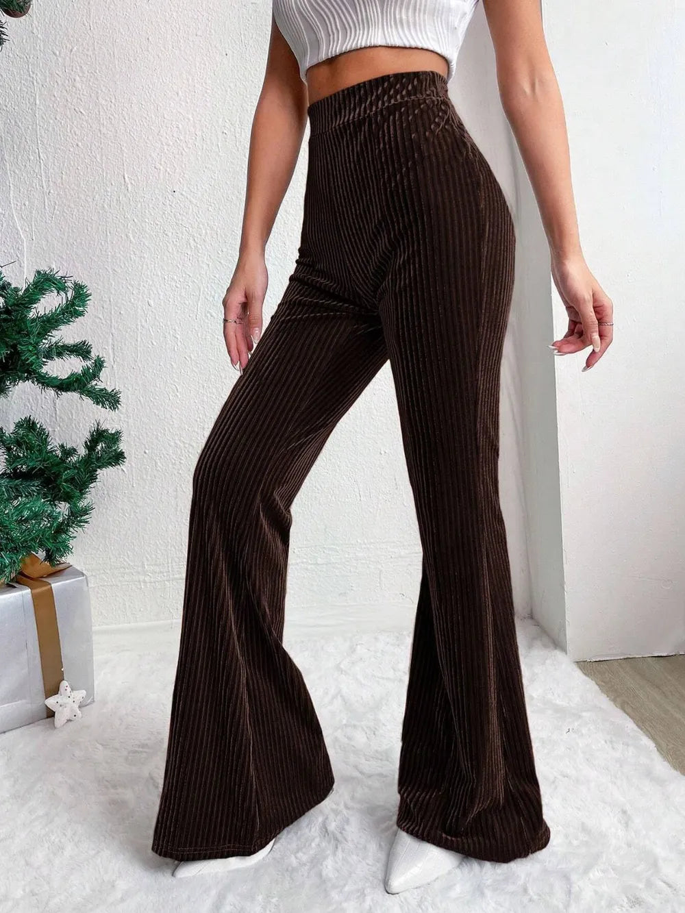 Women's Wide Leg Pants - High Waist Elasticated Ribbed Flare with Plain Hem