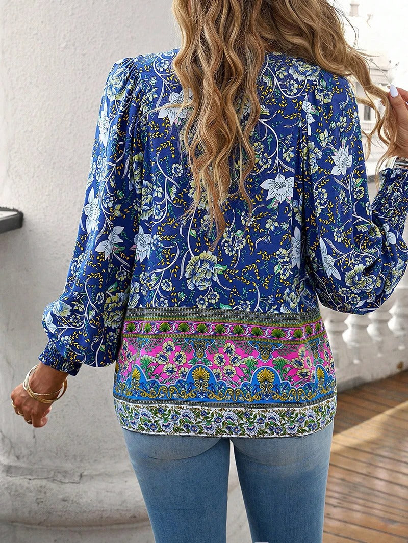 Women's Floral Blouse - V-Neck Tie Front Long Sleeve - Boho Print