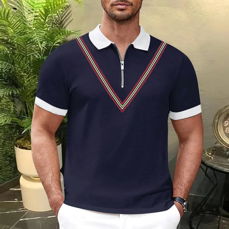 Men's Polo Shirts - Quarter Zip V-Stripe Contrast Collar Short Sleeve