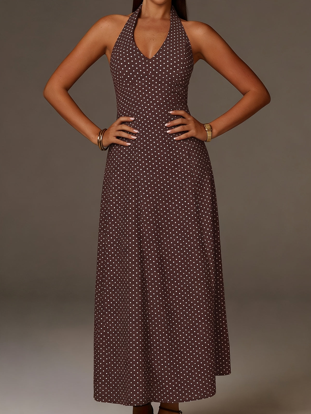 Women's Halter Neck Polka Dot Maxi Dress - Coffee Brown