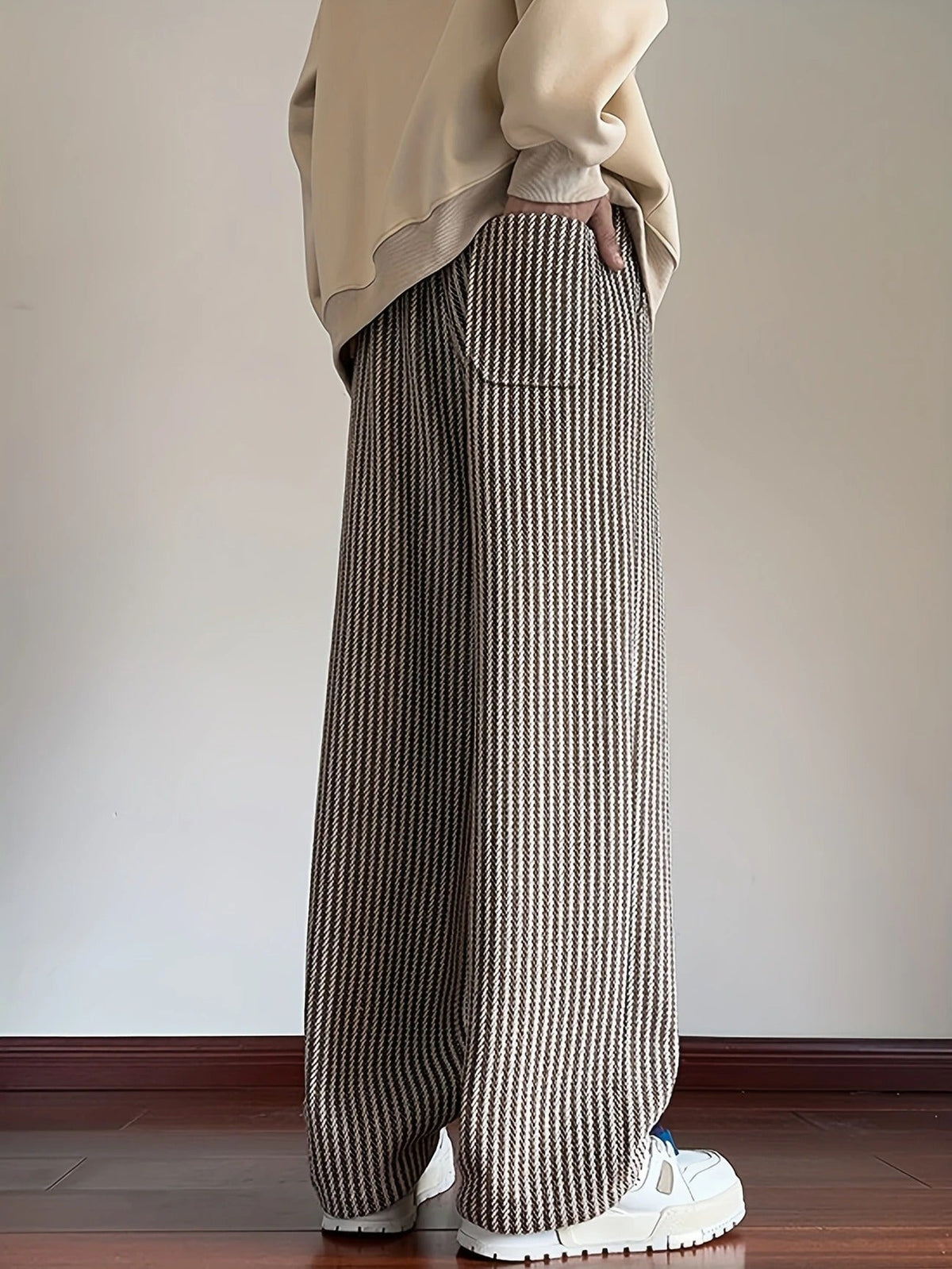 Men's Wide Leg Pants - Herringbone Pattern - Drawstring Waist