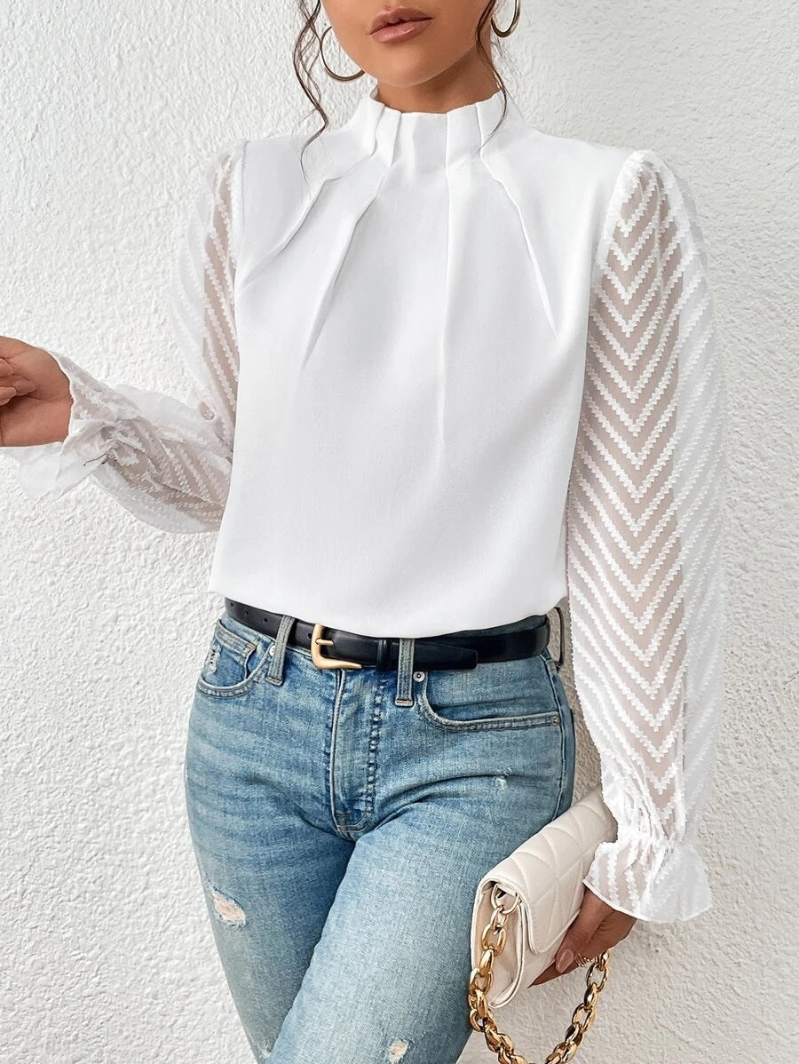 Women’s High Neck Blouse with Pleated Front and Sheer Patterned Sleeves