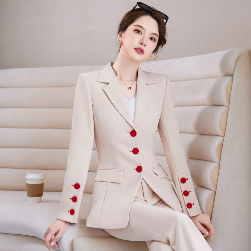 Women's Pant Suit Set - Fitted Blazer with Contrast Button Detail