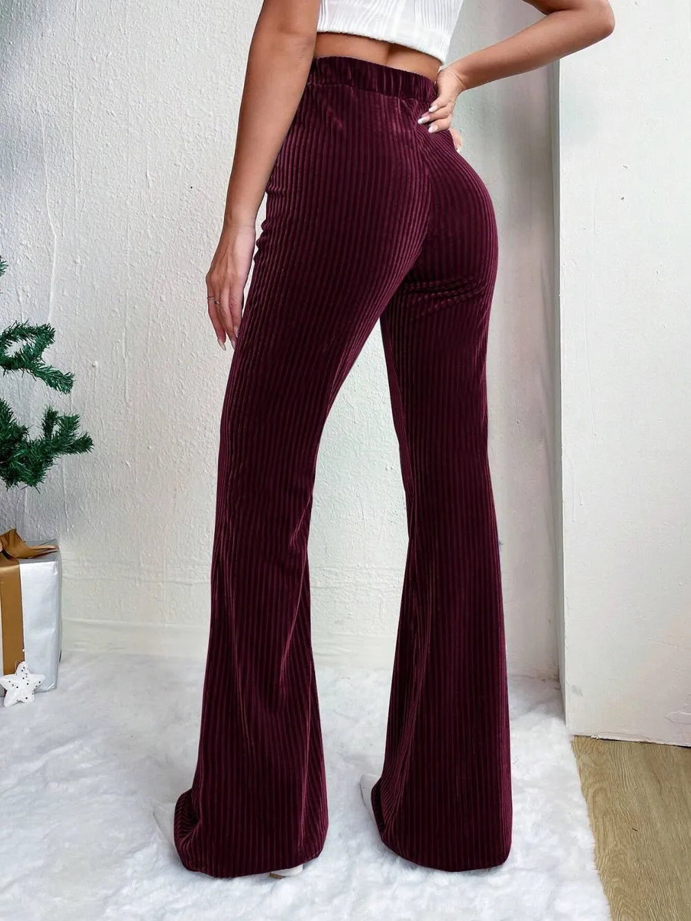 Women's Wide Leg Pants - High Waist Elasticated Ribbed Flare with Plain Hem
