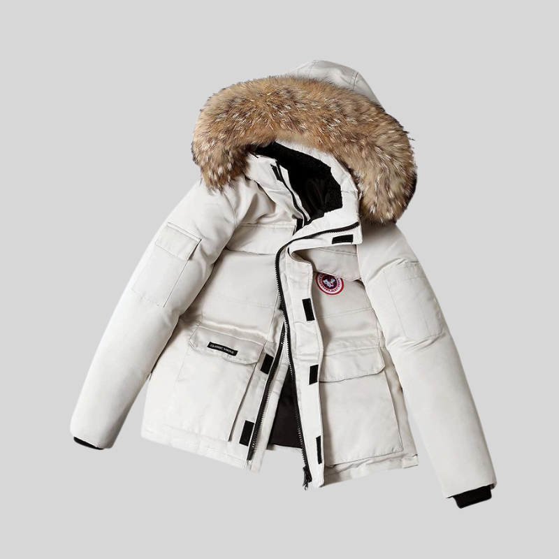 Women's Hooded Puffer Jacket with Detachable Faux Fur Trim - Full Zip - Winter Style