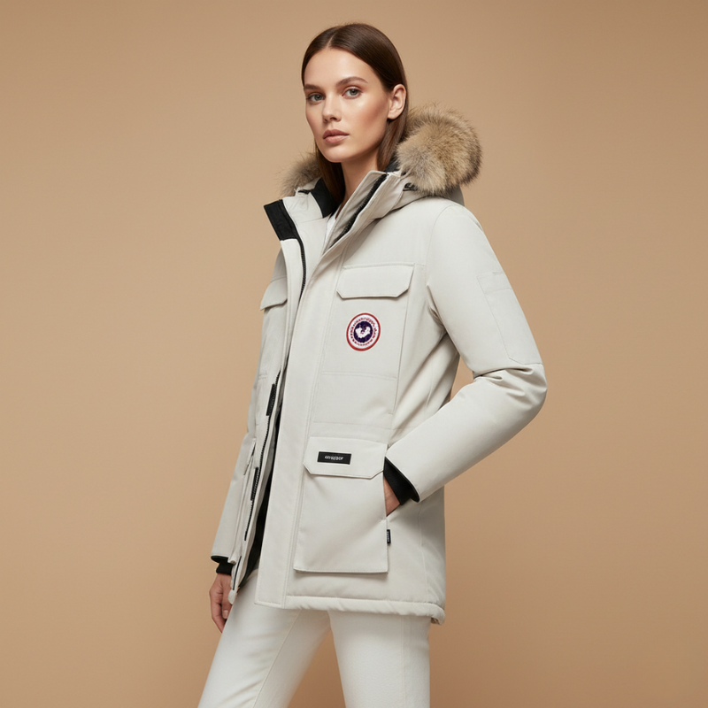 Women's Hooded Puffer Jacket with Detachable Faux Fur Trim - Full Zip - Winter Style