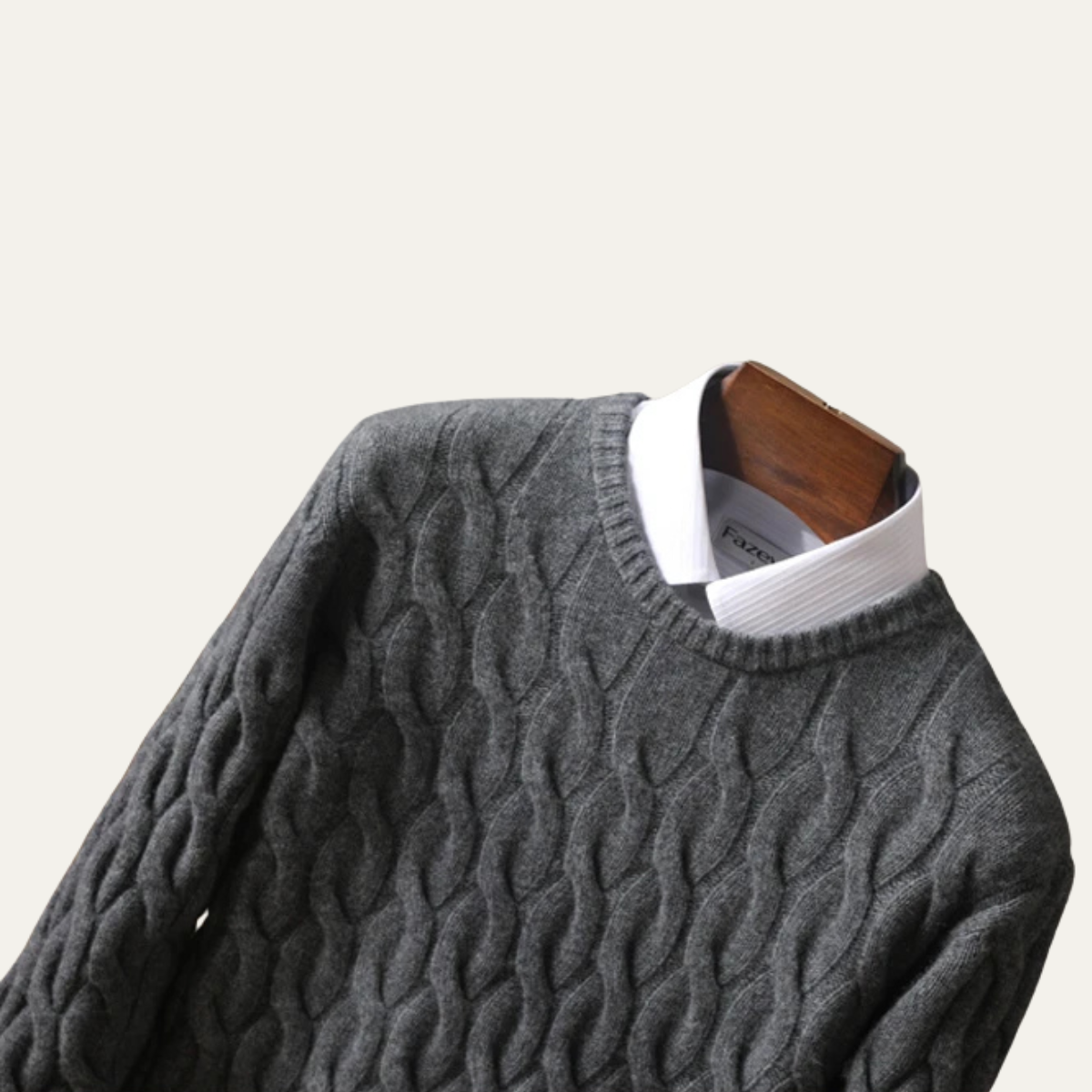 Men's Merino Wool Jumper - Cable Knit Crew Neck Pullover with Ribbed Cuffs and Hem