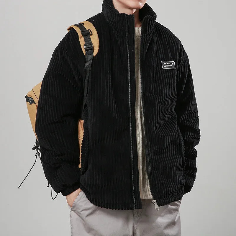 Men's Corduroy Puffer Jacket - Stand Collar - Full Zip - Padded