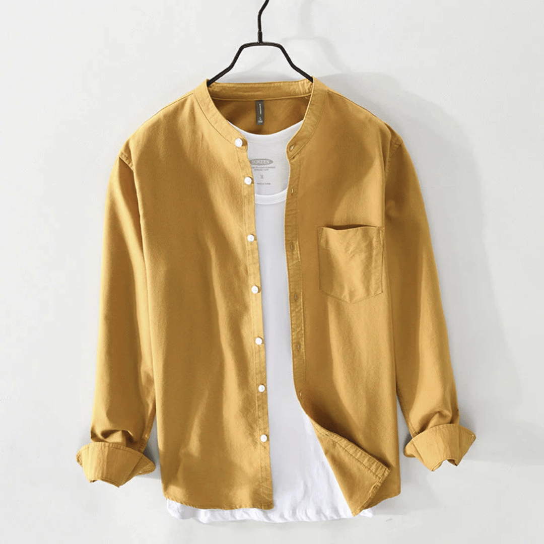 Men's Band Collar Shirt - Long Sleeve - Button Front
